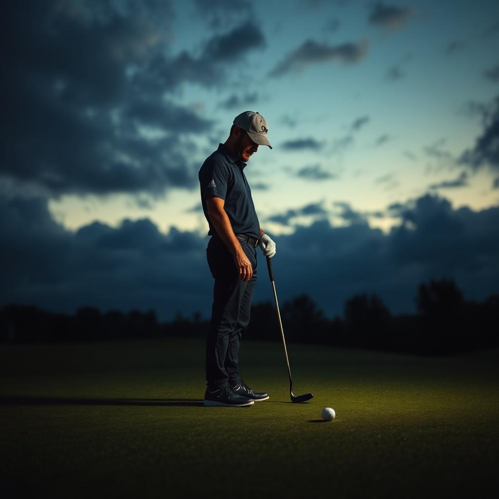 Golfer privind mingea pe green, în lumină dramatică de seară