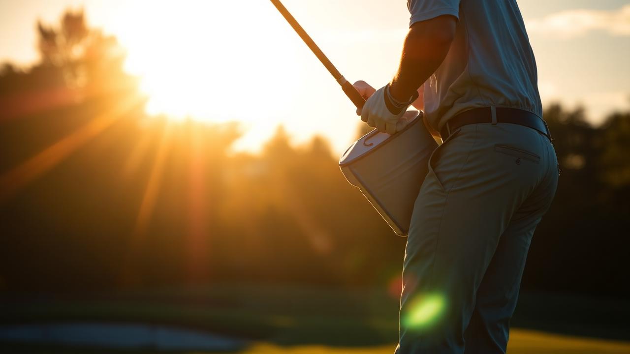 Golfer în vârful backswing-ului cu driverul pe teren, lumină aurie