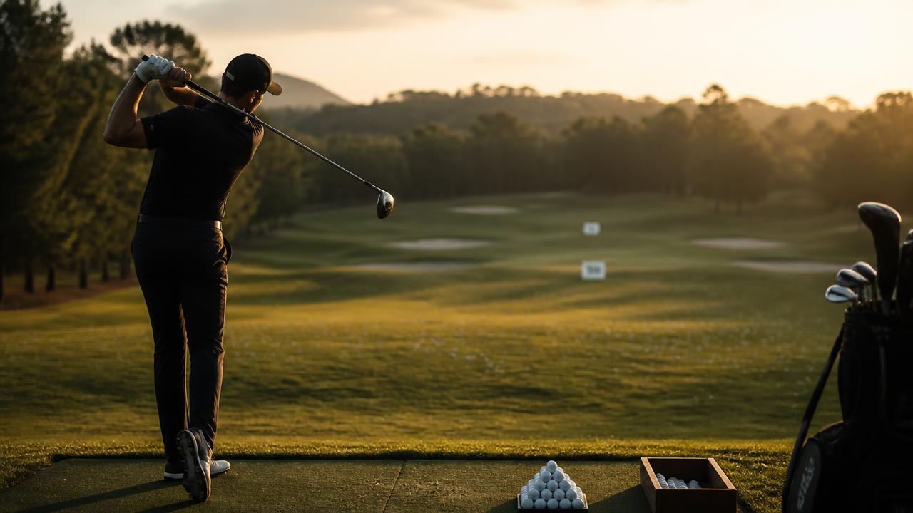 Golfer la driving range, cu terenul de golf în fundal, lumină aurie de seară