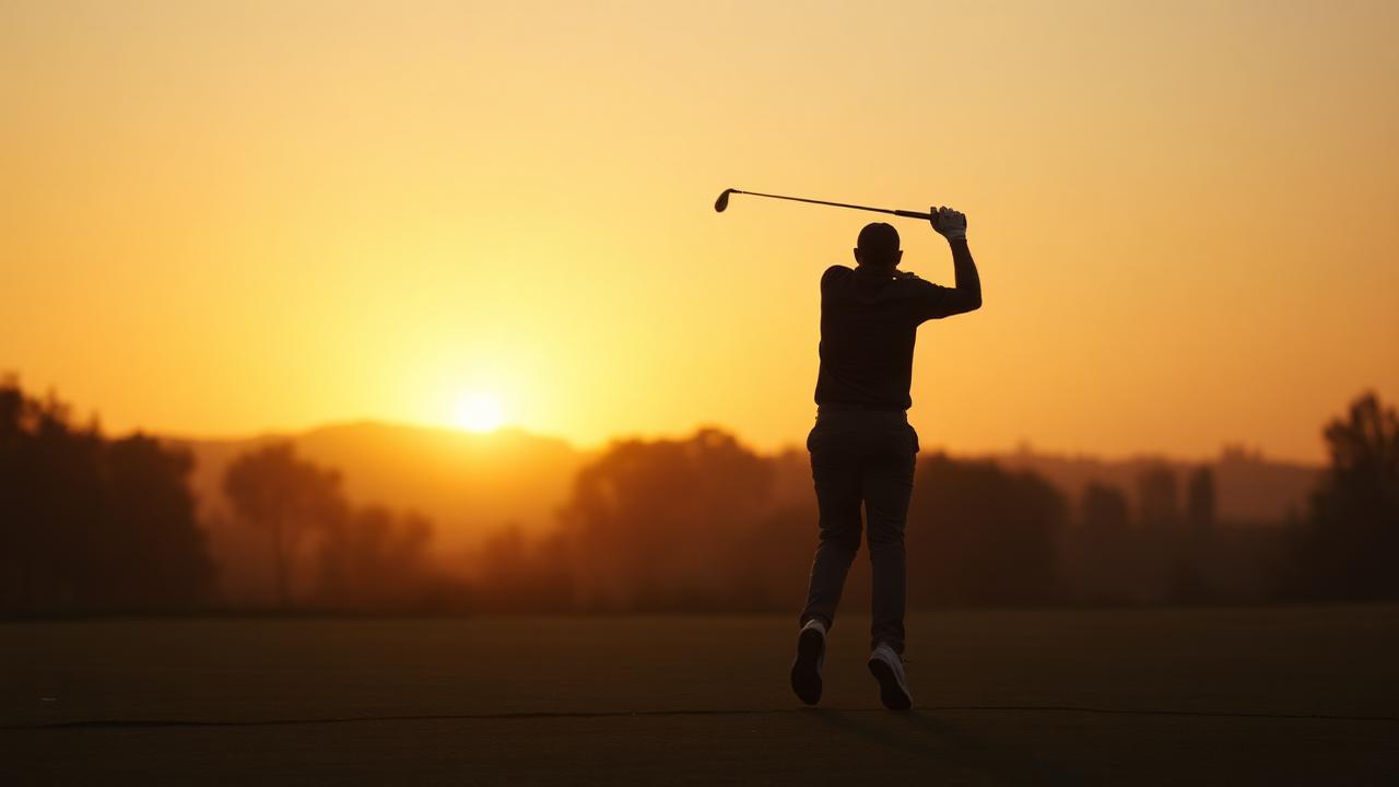 Golfer în finalul swing-ului la răsărit, siluetă pe fairway în lumină aurie