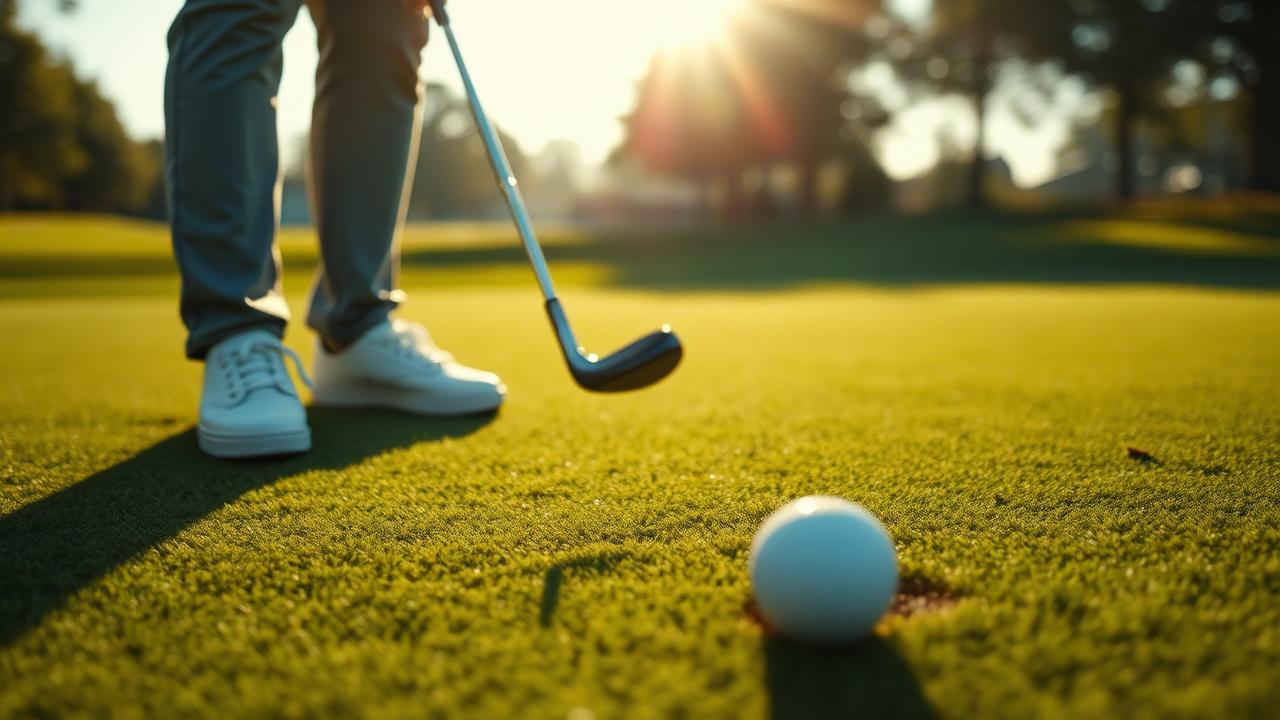 Golfer executând un putt pe green, mingea rulând către gaură
