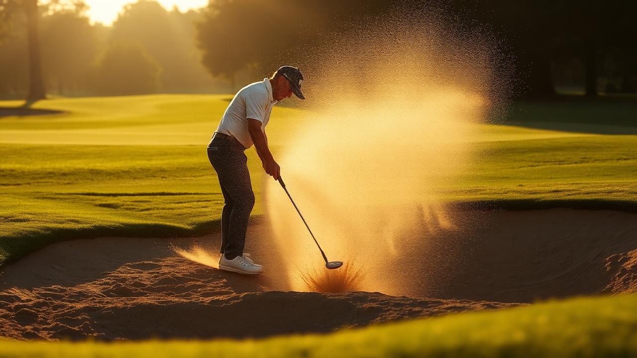 Golfer lovind din bunker, nisip împrăștiat în lumina soarelui